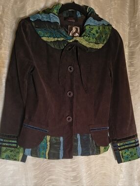 Women's Kilim Black Corduroy Jacket with Green & Blue Trim Small Made In France